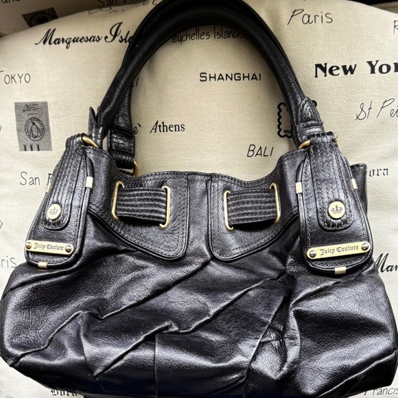 Juicy Couture Handbags - Y2K Juicy Couture Black Genuine Leather Pleated Hobo Shoulder Bag Gold Hardware